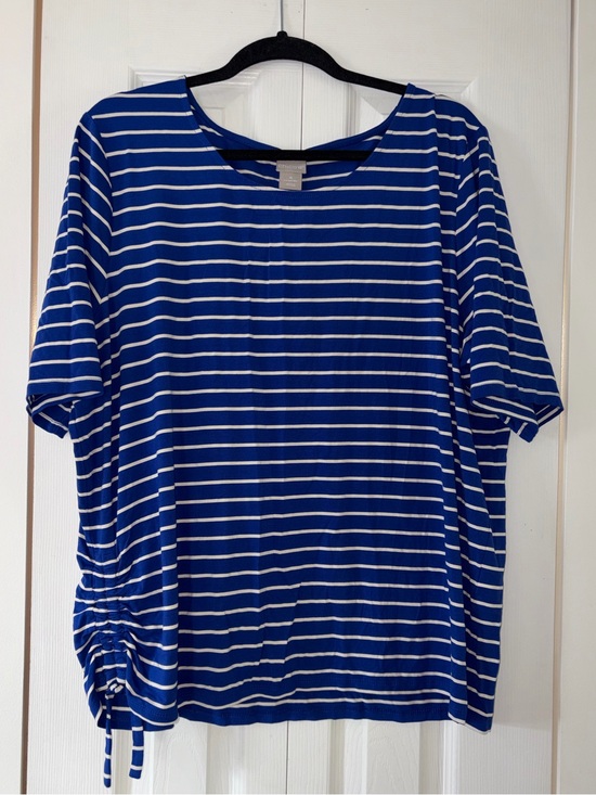 Chico's Tops - NEW Chico's Knit Short Sleeve Blue & White Striped Side Ruched Top Size 4